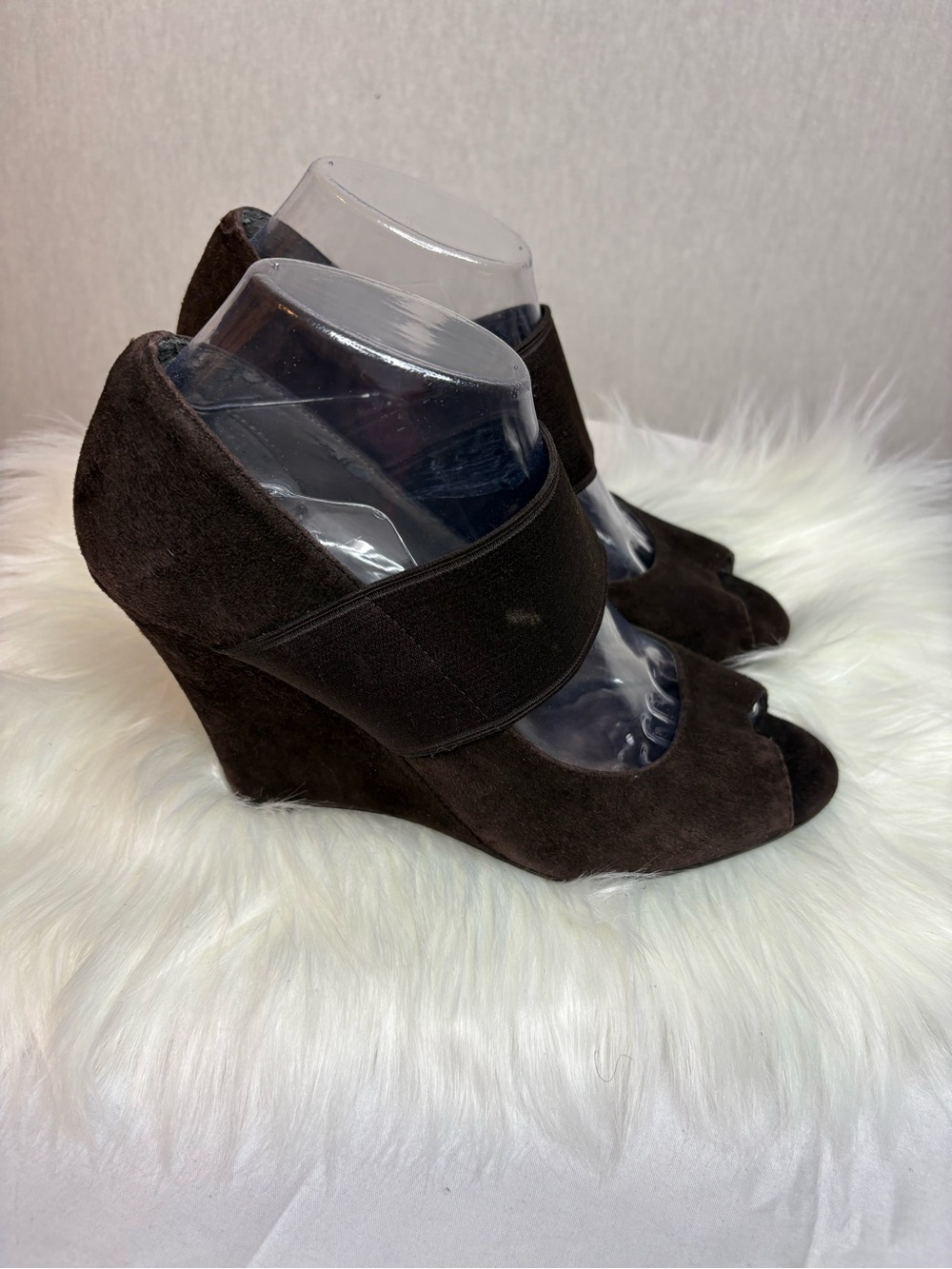 DKNY Brown Suede Peep-Toe Heels with Wide Elastic Strap